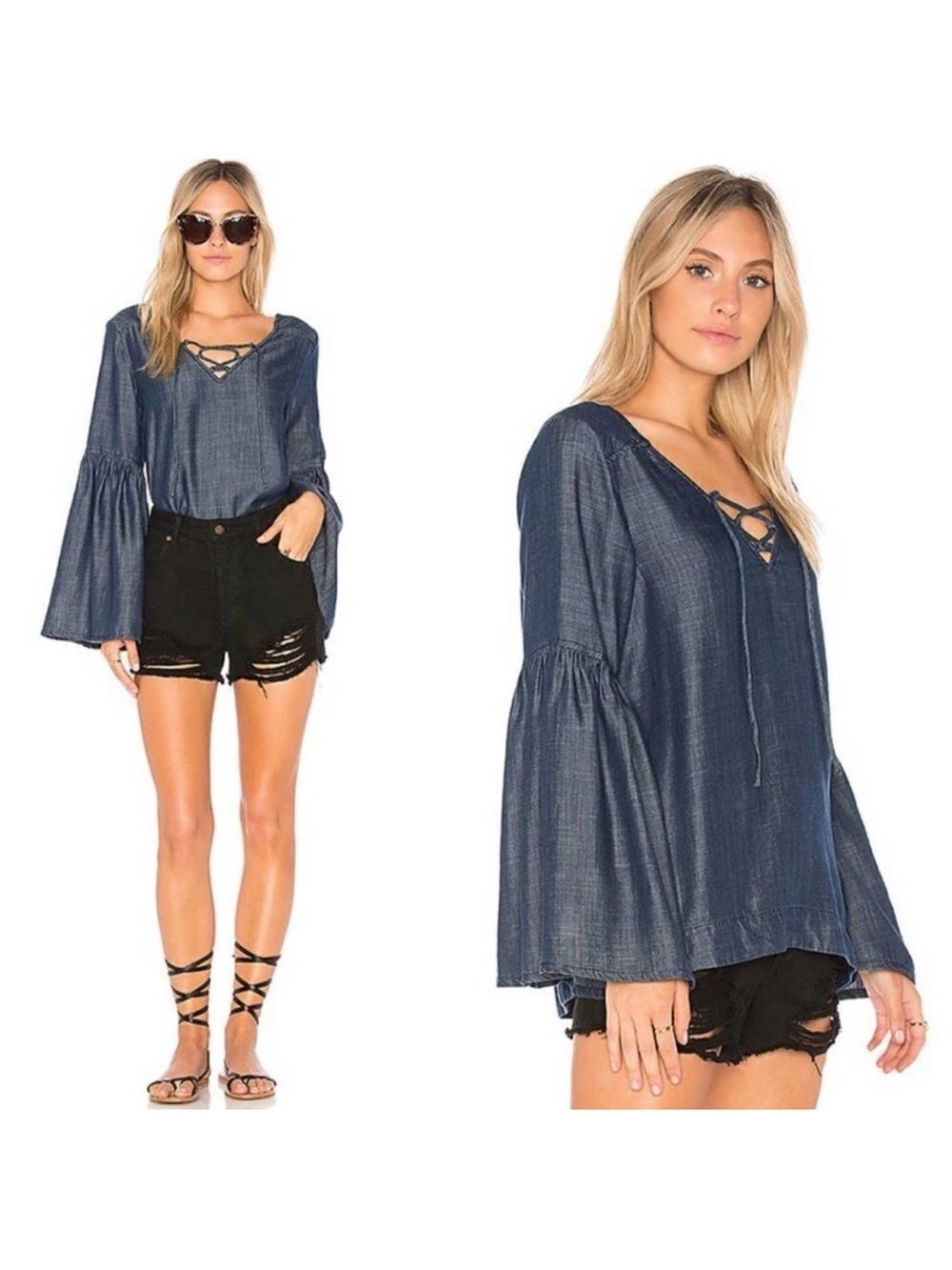 Sanctuary Sย Lace upโfront v neck long bell sleeve blue denimโblouse
